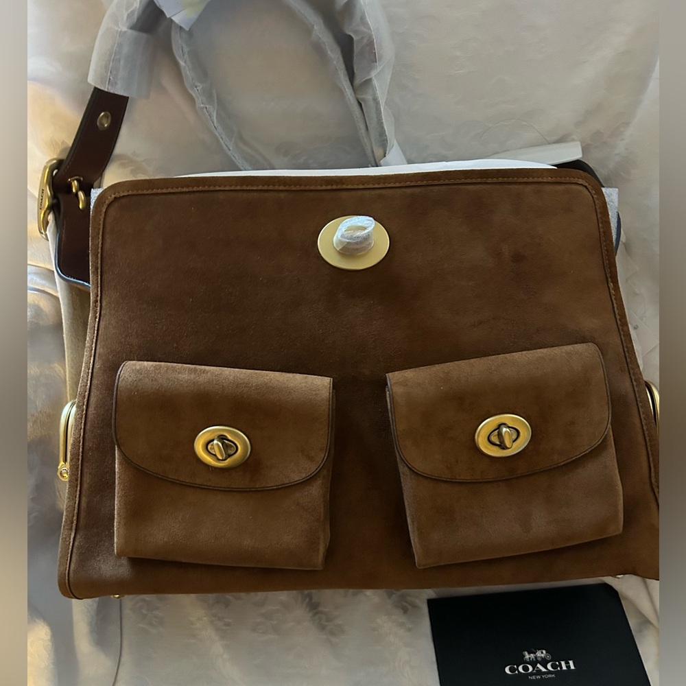 Coach Brown Suede Crossbody Haversack with Gold Hardware - Picture 3 of 14